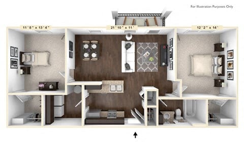 Floor plan for 2 beds, 1 bath, 954 sqft